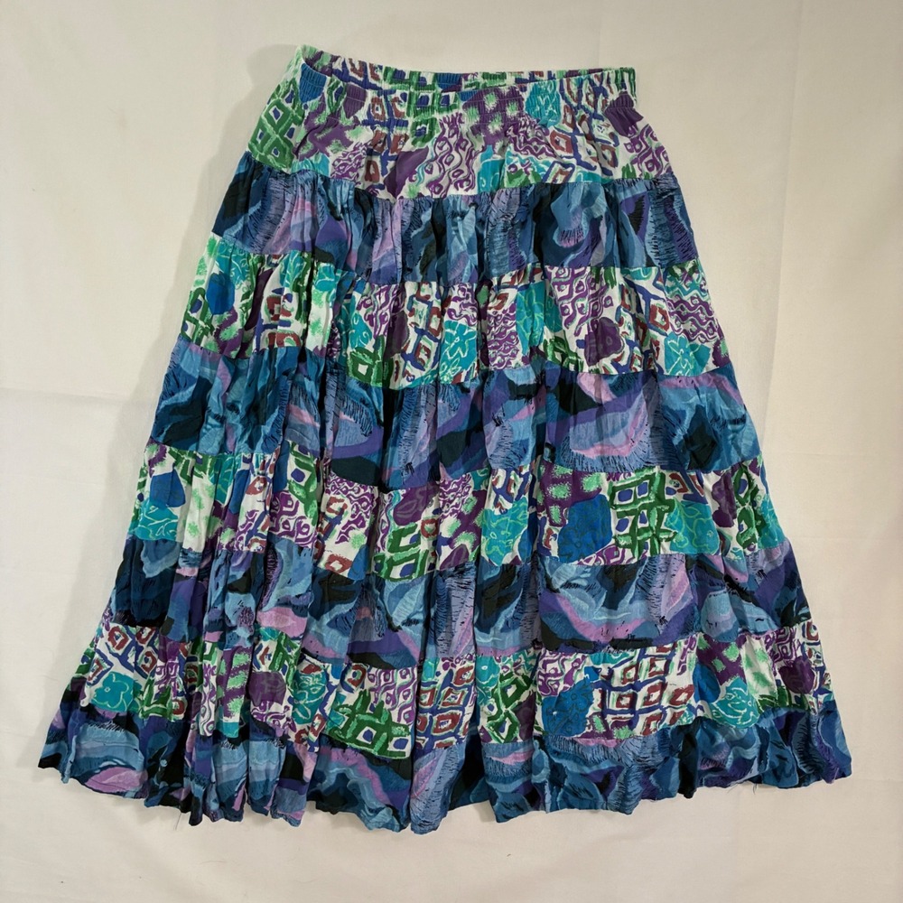 Vtg Bila Tiered Midi Skirt Womens Large Blue Purple Abstract Rayon Boho Festival
